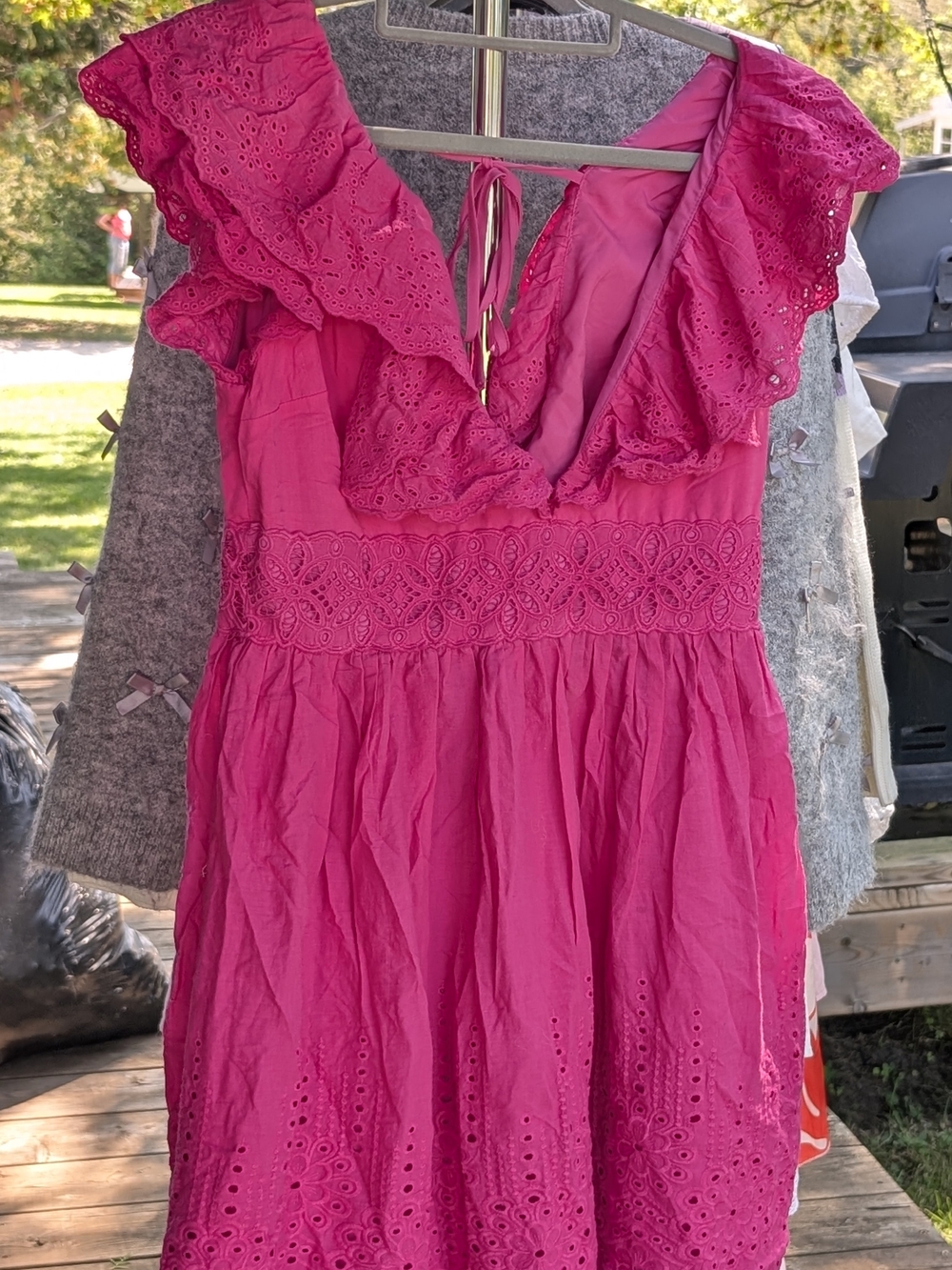 SHEIN Bright Pink Eyelet Ruffle Midi Dress